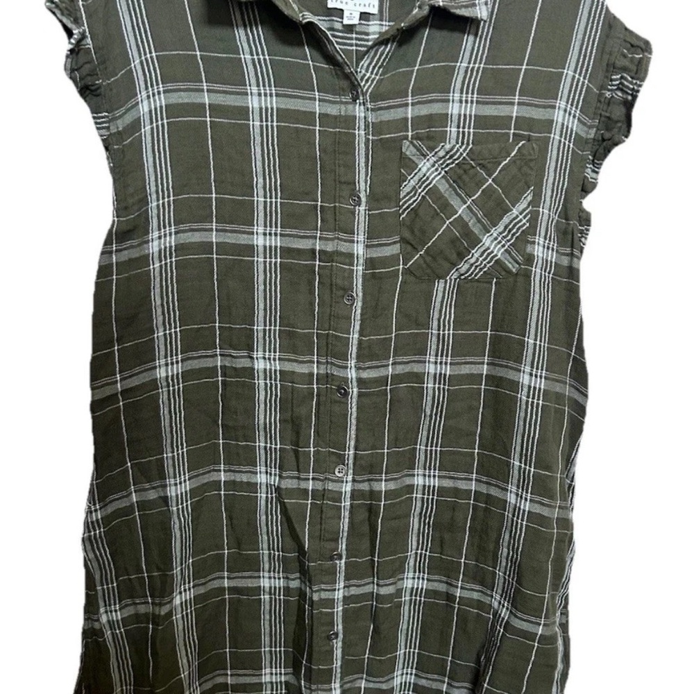 True Craft Womens S Long Top Sleeveless Green Plaid Button Up Ruffle Cottagecore